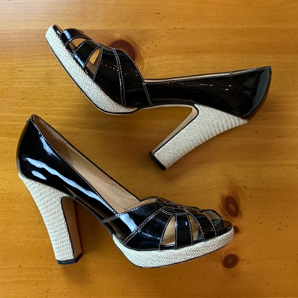 Cole Haan Black Patten Leather & Sisal Platform Heel Pumps Size 9B - Picture 1 of 13